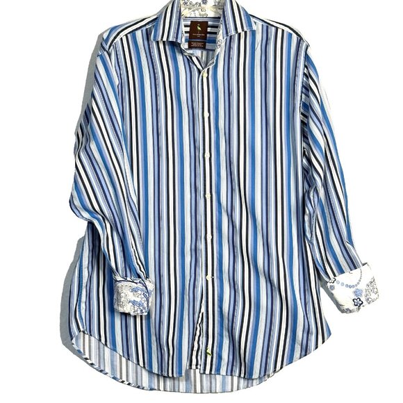 Tailorbyrd Blue Striped Shirt Mens Lg Flip Cuff Cotton - Picture 4 of 9